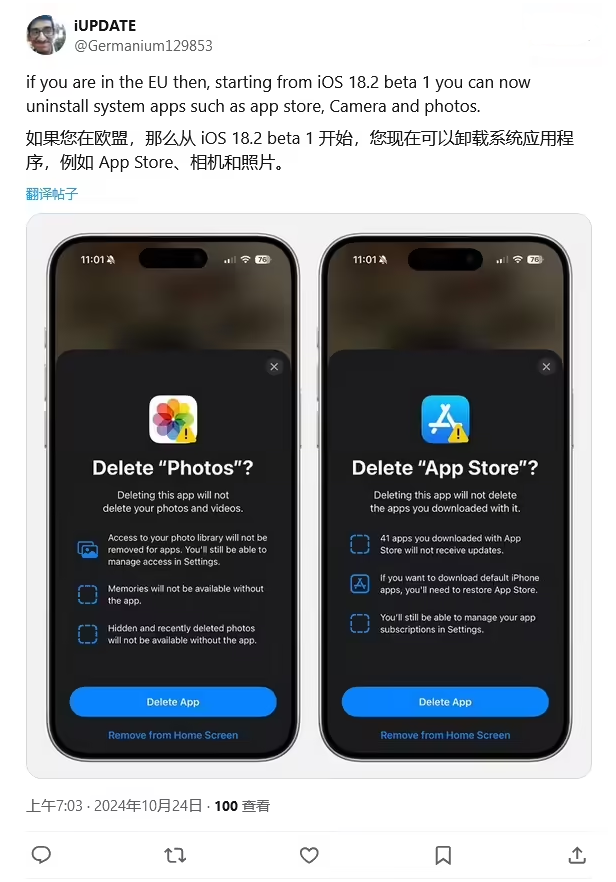 任丘苹果手机维修分享iOS 18.2 支持删除 App Store 应用商店 